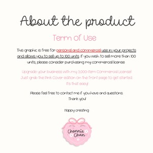 Pu&ograve; includere: Grafica rosa chiaro con il testo "About the product" e "Term of Use". Il testo spiega i termini di utilizzo della grafica, incluso l'uso personale e commerciale, e un'opzione di licenza commerciale. Un logo a forma di cuore rosa &egrave; in basso.