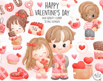Valentine's day cute boy and girl clipart, Valentine's day clipart, love clipart, heart clipart.