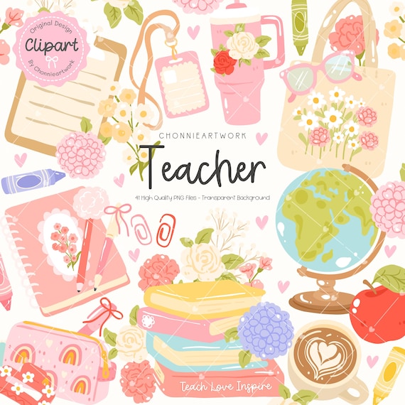 Teacher Clipart Set, Cute Floral School Supplies PNG, Pastel Classroom Aesthetic, Teacher Appreciation Clipart,  Teacher Day, Back to School
