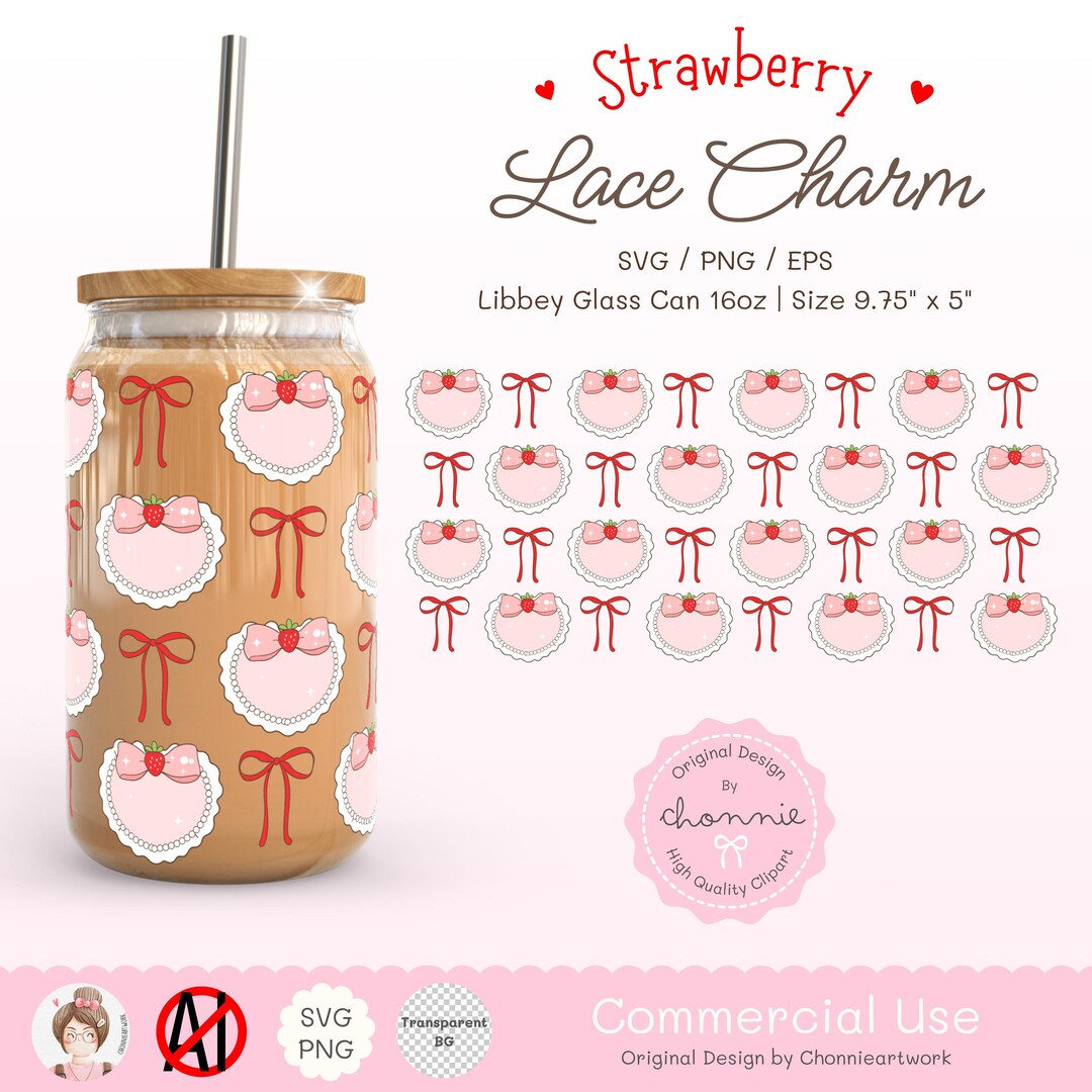 Strawberry Lace Charm 16oz Libbey Glass Can Wrap SVG PNG EPS, Valentine ...