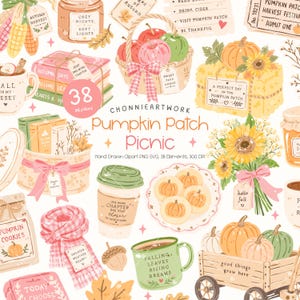 Pumpafält Picknick Clipart, Höstboksliknande Clipart, Höstkaffe Clipart, Pumpa PNG, Mysiga Höstklistermärken, Höstdekor, Höstböcker