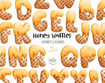 Honey waffles alphabets and numbers clipart, honey alphabet, ice cream alphabet, ice cream font