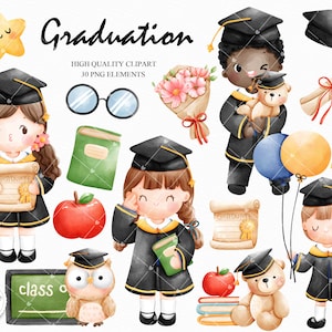 Graduation Clipart, Watercolor Graduation clipart, Grad cap, Diploma Illustration, Party decorations, School Clipart, University Clipart