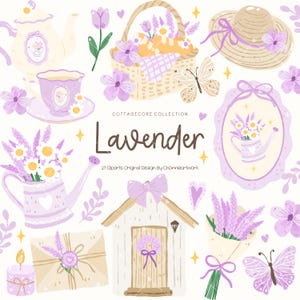 Puede incluir: Ilustraciones de estilo cottagecore con temática de lavanda. La imagen incluye una tetera, una taza, una cesta, un sombrero, una mariposa, una regadera, una casa, un sobre, una vela y flores en tonos morados, blancos y beige. Se lee la palabra "Lavender".