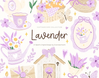Conjunto de imágenes prediseñadas de lavanda estilo cottagecore, paquete floral primaveral pastel, diseño de tetera, sombrero, cesta y mariposa, lindas flores moradas kawaii PNG descarga