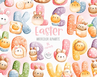 Watercolor Easter alphabet, Rabbit alphabet, Easter Alphabet, Easter Cookies alphabet, Easter font, letter