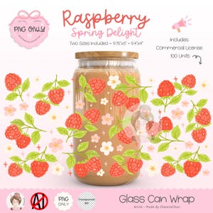 May include: A glass can wrap design featuring a jar with a wooden lid, decorated with red raspberries, green leaves, and white flowers. The text "Raspberry Spring Delight" is displayed above the jar. Includes commercial license for 100 units.