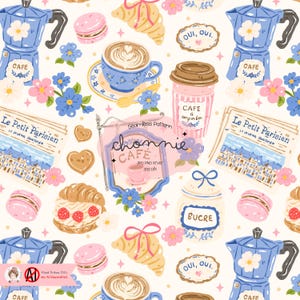 Puede incluir: Un patrón sin costuras con ilustraciones temáticas de café. El diseño incluye cafeteras azules, tazas de café, cruasanes, macarons y el texto "Cafe a emporter". Acentos florales rosas, azules y amarillos completan el diseño.