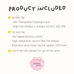 May include: A digital product listing featuring the text PRODUCT INCLUDED. It lists 40 PNG files with transparent backgrounds at 3000px by 3000px (10 inches by 10 inches) at 300 DPI, 40 SVG files, and a commercial license for up to 100 units.