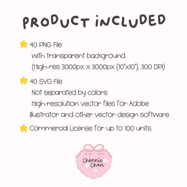 May include: A digital product listing featuring the text PRODUCT INCLUDED. It lists 40 PNG files with transparent backgrounds at 3000px by 3000px (10 inches by 10 inches) at 300 DPI, 40 SVG files, and a commercial license for up to 100 units.