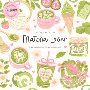 May include: A digital illustration featuring matcha-themed elements. Includes a pink mug of matcha, a matcha latte with heart art, an ice cream cone, a jar of matcha, and a matcha drink. The text "Matcha Lover" is displayed.