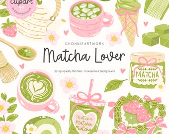 Matcha Lover Clipart, Cute Matcha Tea PNG, Japanese Green Tea Clip Art,Matcha Lovers Gift, Cute Pastel Cafe Aesthetic, Matcha Latte Girly