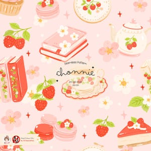 May include: A seamless pattern featuring a light pink background with illustrations of desserts, books, and teacups. The design includes raspberries, flowers, and the text "chonnie". The pattern is hand-drawn and not AI generated.