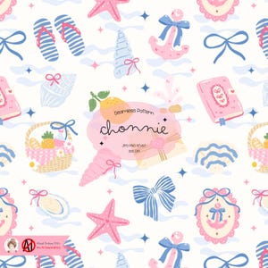 May include: A seamless pattern featuring a variety of summer-themed illustrations, including seashells, starfish, anchors, bows, and a picnic basket. The pattern is set against a white background with blue and pink accents.