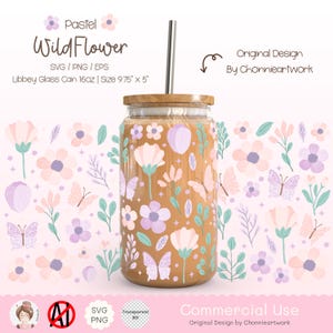 May include: A 16-ounce glass tumbler with a lid and straw, featuring a pastel floral pattern with butterflies. The tumbler is 9.75 inches tall and 5 inches wide. The design is called "Pastel Wild Flower" and is for commercial use.