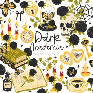 Puede incluir: Ilustración digital con temática 'Dark Academia', que presenta una calavera, rosas, mariposas, libros, velas y un reloj de bolsillo. El diseño incluye el texto 'Dark Academia' y '26 High-Quality PNG Files - Transparent Background'.