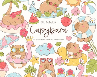 Sommer Capybara Clipart Set SVG PNG Sommer Aufkleber Planer Kawaii Capibara Strand Sommer Tropische Elemente Süßtier Sublimationsgrafiken