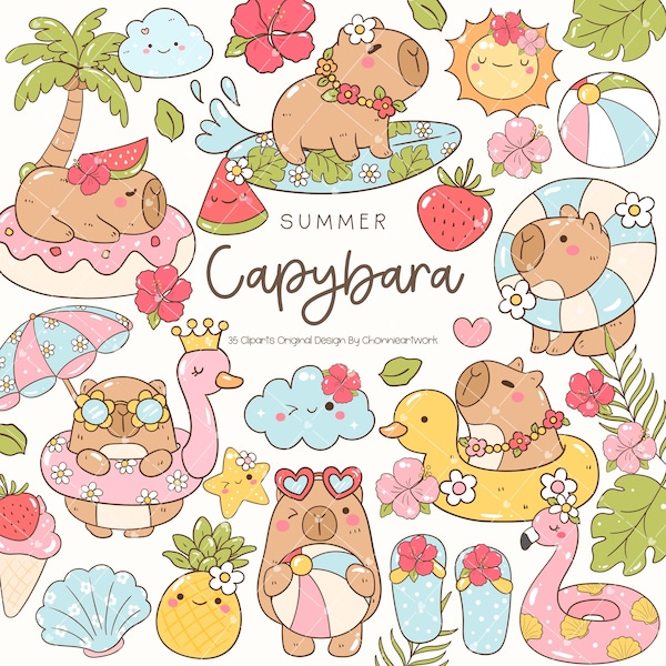 Zomer capibara clipart set SVG PNG zomer sticker planner kawaii capibara strand zomer tropische elementen schattige dieren sublimatie graphics
