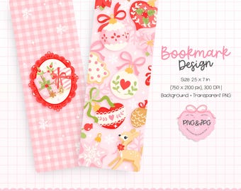May include: Two Christmas-themed bookmarks. One has a pink gingham pattern with a gift illustration. The other has a pink background with Christmas ornaments, a deer, and snowflakes. Each bookmark is approximately 18 cm in height.