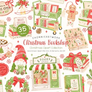Może przedstawiać: Cyfrowa kolekcja clipartów Christmas Bookshop zawierająca ręcznie rysowane ilustracje księgarni, wózka na książki, stosów książek, gnoma, piernikowego ludzika, wieńca i kubka z napisem CHONNIEARTWORK Christmas Bookshop.