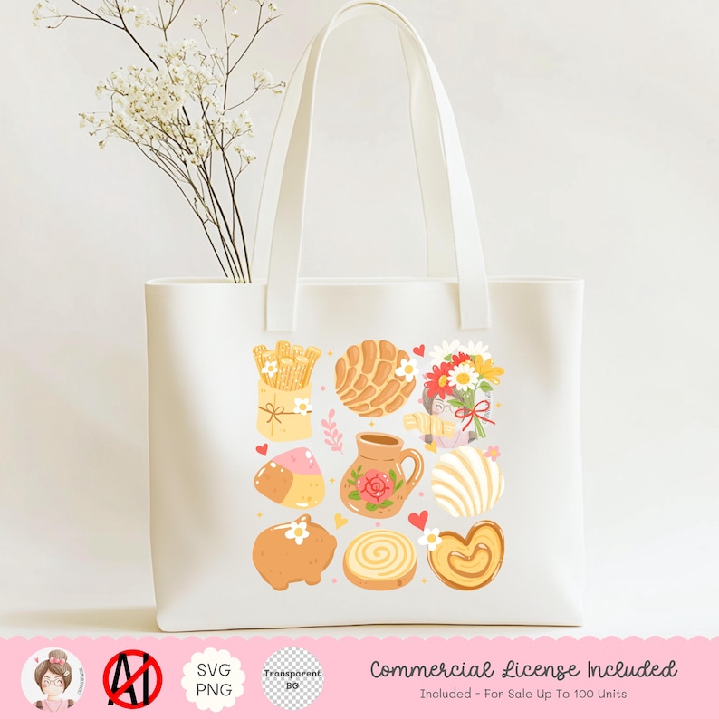 May include: White tote bag featuring a colorful illustration of various baked goods, flowers, and a decorative pitcher. The design includes a concha, a pig-shaped cookie, and a heart. The bag has a simple, clean design with a commercial license included.