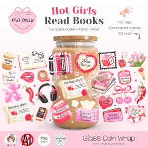 Op de afbeelding: Een digitaal grafisch ontwerp voor een glazen pot wrap, met als thema lezen. Het ontwerp bevat de tekst "Hot Girls Read Books" en bevat illustraties van boeken, harten en bloemen in roze en rode tinten. Het ontwerp bevat ook de tekst "Slow Burn."