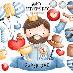 Può includere: Un set di 53 illustrazioni ad acquerello per la Festa del Papà. Le illustrazioni includono un papà dei cartoni animati che indossa una camicia blu e una corona, una cravatta blu, un cuore a righe blu e bianche, un cuore rosso, un palloncino a righe blu e bianche, un palloncino giallo, un cappello marrone, un trofeo dorato, un nastro blu con il numero 1, un cuore a righe blu e bianche, un portafoglio marrone, una tazza di caffè blu con un baffo, un calzino blu, un orologio marrone, un paio di occhiali, un baffo marrone, una penna, una boccale di birra e un cuore rosso. Le illustrazioni sono perfette per creare biglietti, inviti, pagine di album di ritagli e altri lavoretti.