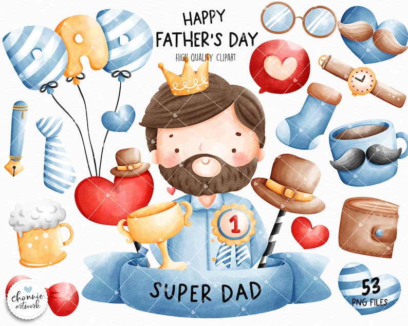 May include: A set of 53 watercolor illustrations for Father's Day. The illustrations include a cartoon dad wearing a blue shirt and a crown, a blue tie, a blue and white striped heart, a red heart, a blue and white striped balloon, a yellow balloon, a brown hat, a gold trophy, a blue ribbon with the number 1, a blue and white striped heart, a brown wallet, a blue coffee cup with a mustache, a blue sock, a brown watch, a pair of glasses, a brown mustache, a pen, a beer mug, and a red heart. The illustrations are perfect for creating cards, invitations, scrapbook pages, and other crafts.