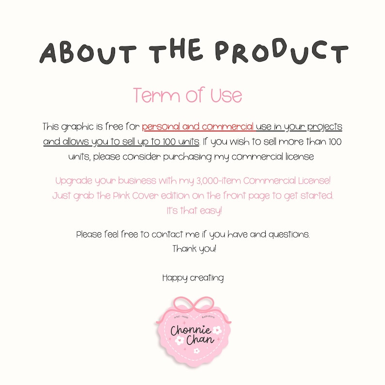 May include: A digital document titled ABOUT THE PRODUCT with Term of Use text detailing personal and commercial usage rights for up to 100 units, including upgrade information and a pink heart-shaped logo with the text Chonnie Chan at the bottom.