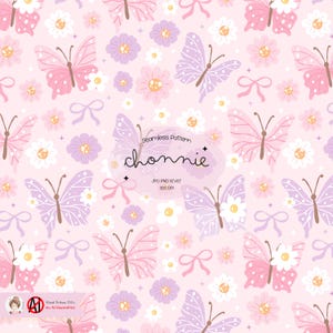 Modello senza cuciture con farfalle pastello – Carta digitale floreale rosa e viola carina, sfondo estetico con farfalle a fiocco per lavori artigianali a sublimazione