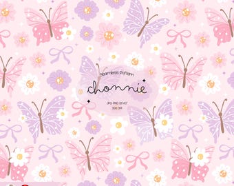 Pastel Butterfly Seamless Pattern – Cute Pink & Purple Floral Digital Paper, Aesthetic Bow Butterfly Background for Sublimation Crafts