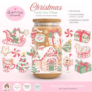 May include: A digital graphic set titled Christmas Candy Cane Village by Chonnie Artwork featuring hand-drawn illustrations of a gingerbread house, a sleigh, gift boxes, a mailbox, and a mug. The text includes PNG File Only, Two Sizes Included 9.75"x5" + 9.4"x4", and COMMERCIAL LICENSE INCLUDED.