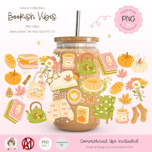 Könnte beinhalten: Ein digitaler Illustrationssatz mit Herbst- und Buchmotiven. Der Satz enthält eine Vielzahl von Bildern, darunter Bücher, Kaffeetassen, Kürbisse, Kerzen und einen gemütlichen Sessel. Die Bilder sind in einer warmen Farbpalette aus Orange, Gelb, Braun und Creme gehalten. Der Text "Bookish Vibes" ist im Bild enthalten.