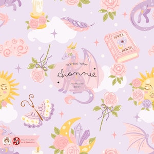 May include: Seamless pattern design featuring a whimsical dragon, roses, a spell book, and celestial elements on a light purple background. The design includes the text "chonnie" and "Seamless Pattern".