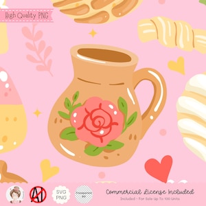 May include: A digital illustration featuring a tan-colored ceramic mug with a pink rose and green leaves. The background is pink with various food items, hearts, and stars. Text includes "High Quality PNG" and "Commercial License Included".