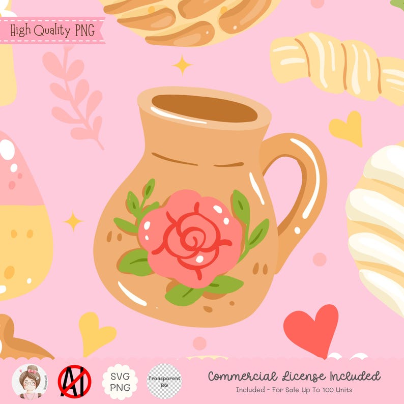May include: A digital illustration featuring a tan-colored ceramic mug with a pink rose and green leaves. The background is pink with various food items, hearts, and stars. Text includes "High Quality PNG" and "Commercial License Included".