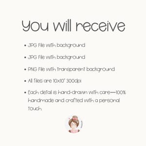May include: A cream-coloured graphic with the text "You will receive" at the top. Below, bullet points list file types: JPG with background, PNG with transparent background. The files are 25.4 x 25.4 cm at 300dpi. The image is hand-drawn.