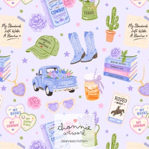 Cowboy Romance Seamless Pattern, Western Bookish Girl Digital Paper, Texas Cowgirl Reading Pattern, Pastel Western Design, Texas Pattern
