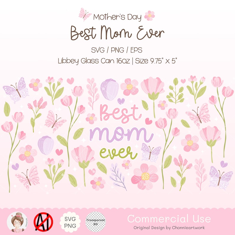 Puede incluir: Un dise&ntilde;o digital con el texto "Best Mom Ever" en letras rosas y verdes rodeado de flores rosas, mariposas y corazones. El dise&ntilde;o es perfecto para el D&iacute;a de la Madre y se puede utilizar para manualidades, scrapbooking o proyectos digitales.