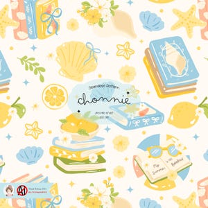 Puede incluir: Un patrón sin costuras con ilustraciones de libros, conchas marinas, limones y flores en tonos amarillos, azules y blancos. El texto "chonnie" se muestra en un diseño en forma de nube, con las palabras "My Summer is all Booked" en un libro abierto.