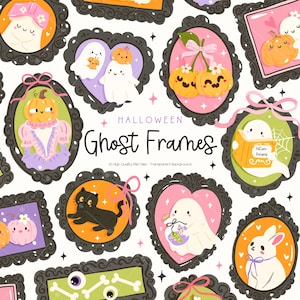 May include: A collection of Halloween-themed digital frames with various illustrations. The frames feature ghosts, pumpkins, a black cat, and a bunny, all within ornate black borders. The text "Halloween Ghost Frames" is displayed.