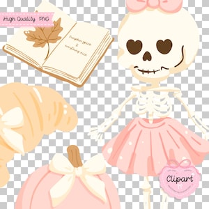 Puede incluir: Una ilustraci&oacute;n caprichosa con un esqueleto con un lazo rosa y tut&uacute;, ojos en forma de coraz&oacute;n y un libro con el texto "Pumpkin spice & everything nice". Tambi&eacute;n incluye una calabaza rosa, un cruas&aacute;n y una etiqueta "Clipart".