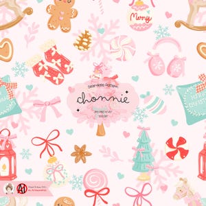 Peut inclure: Un motif sans couture avec des illustrations de Noël aux couleurs pastel. Le design comprend des bonhommes en pain d'épices, des chaussettes de Noël, des flocons de neige et des cannes en sucre. Le mot "chonnie" est au centre. Thème festif et fantaisiste.