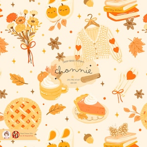 Puede incluir: Patrón sin costuras con motivos otoñales. Incluye calabazas, un cárdigan con detalles de corazón, una porción de tarta y arreglos florales. El texto "chonnie" está presente, junto con otros elementos textuales.