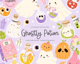 Cute Halloween Potion PNG Clipart Set, Halloween Potion Bottle PNG, Kawaii Ghost Witch Cauldron Magic Brew, Spooky Potions, Halloween Gift