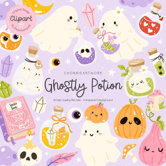 Cute Halloween Potion PNG Clipart Set, Halloween Potion Bottle PNG, Kawaii Ghost Witch Cauldron Magic Brew, Spooky Potions, Halloween Gift