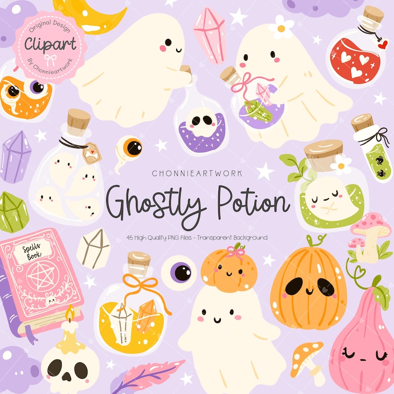 May include: A whimsical digital clipart set featuring ghosts, potion bottles, pumpkins, crystals, and a spell book. The text "Ghostly Potion" is displayed, along with the artist's name and the phrase "Original Design Clipart". The color palette includes lavender, orange, and white.