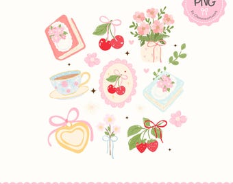 Coquette Berry and Book Graphic, Floral Books Clipart, Coquette Cherries Book, Girly Cozy Shirt, Bookish Girly Png, Book and tea Design
