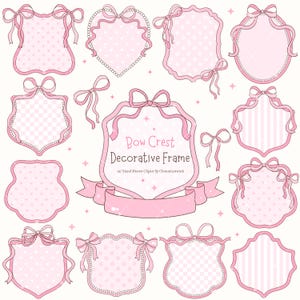 May include: A set of 10 pink decorative frames with bows and pearl accents. The frames are in various shapes, including hearts, circles, and shields. The text "Bow Crest Decorative Frame" is in the centre of the image.