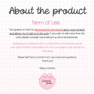 May include: A pink and white graphic with the text "About the product" and "Term of Use". The text states the graphic is free for personal and commercial use, allowing sales up to 100 units. A pink heart-shaped logo with the text "Chonnie Chan" is at the bottom.